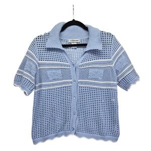Cotton Emporium Womens Blue Open Knit Short Sleeve Button Up Cardigan Large Crop